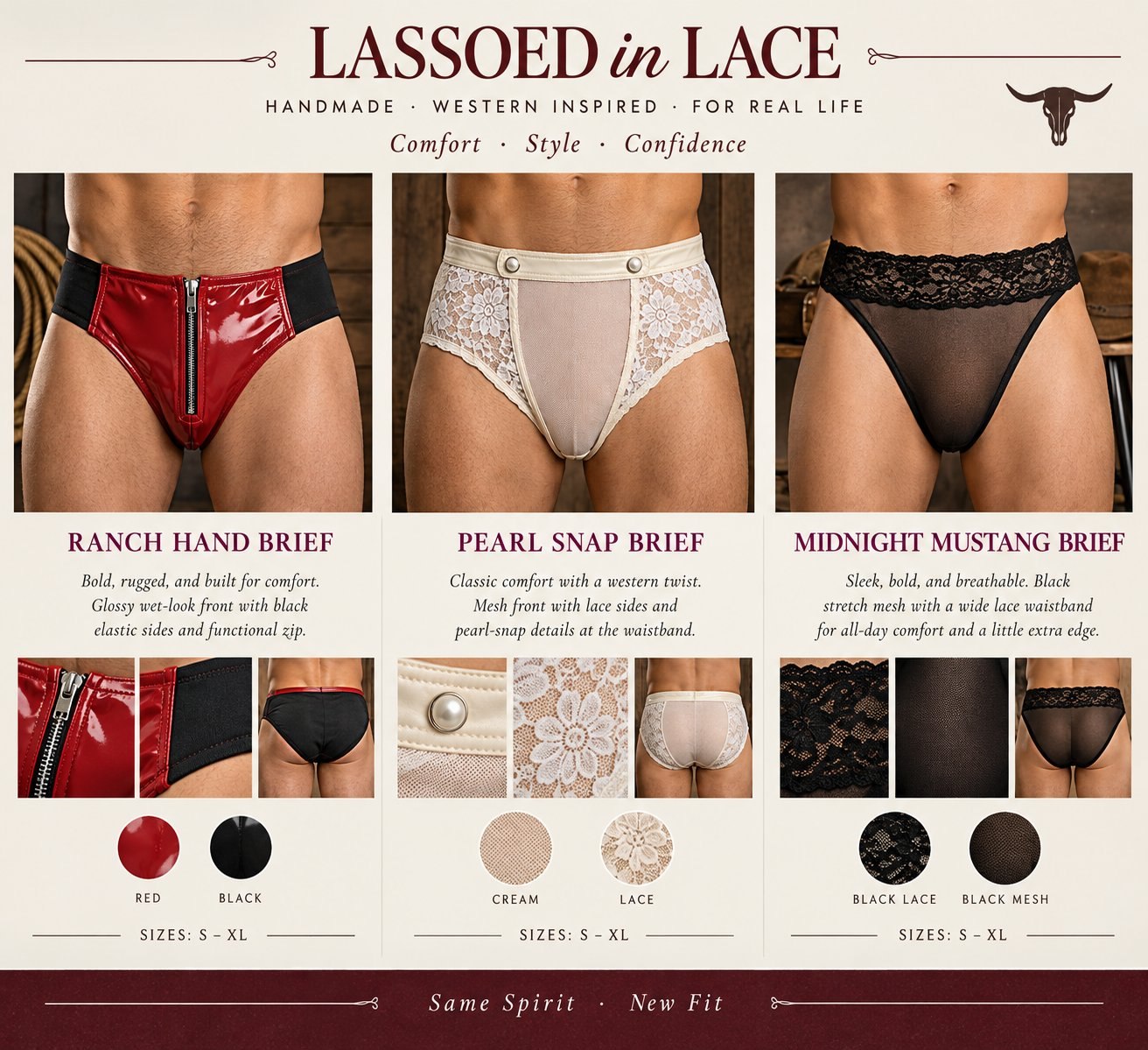 Lassoed in Lace men's line sheet: Ranch Hand Brief, Pearl Snap Brief, and Midnight Mustang Brief