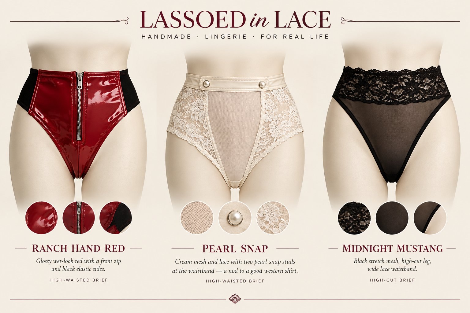 Lassoed in Lace line sheet: Ranch Hand Red, Pearl Snap, and Midnight Mustang